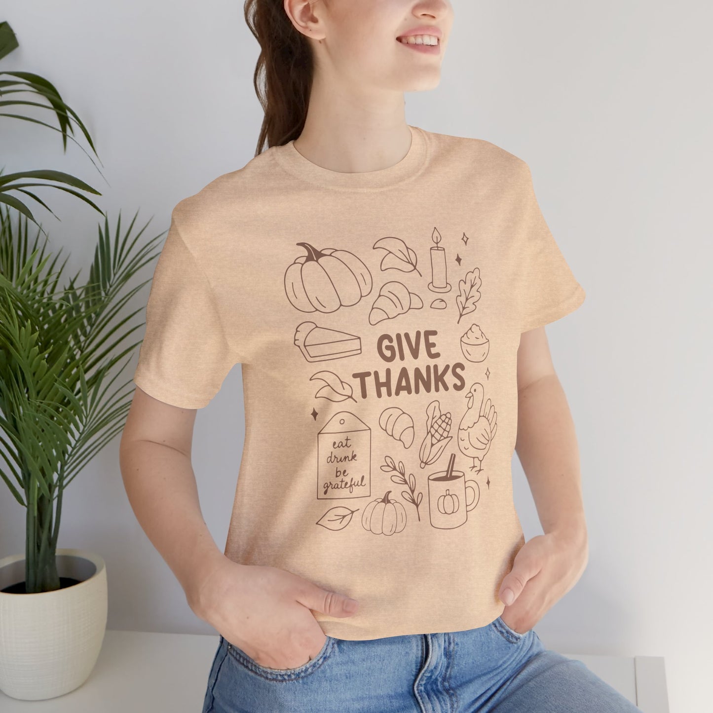 Give Thanks Thanksgiving Shirt – Minimal Fall Tee with Pumpkin, Turkey & Pie Design