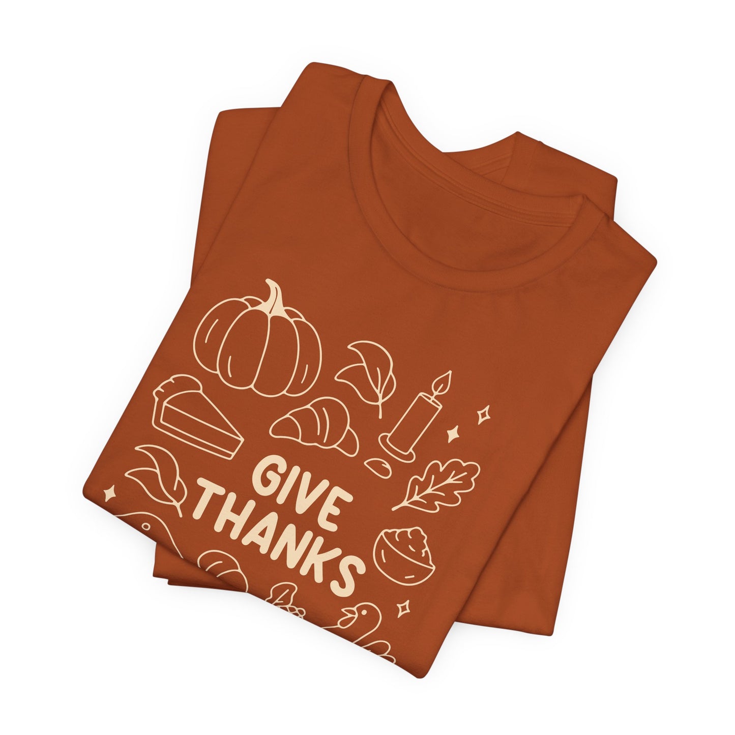 Give Thanks Thanksgiving Shirt – Minimal Fall Tee with Pumpkin, Turkey & Pie Design