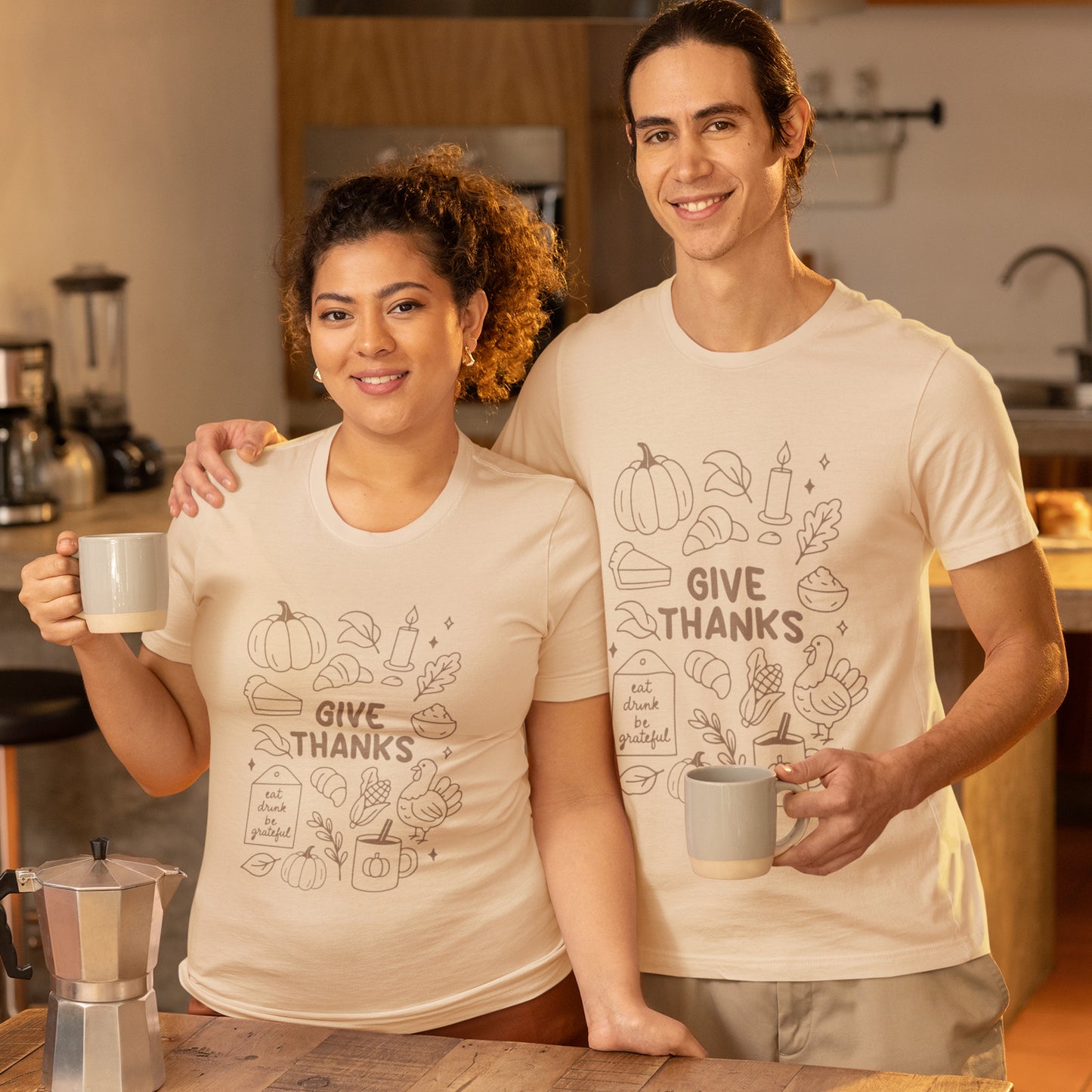 Give Thanks Thanksgiving Shirt – Minimal Fall Tee with Pumpkin, Turkey & Pie Design