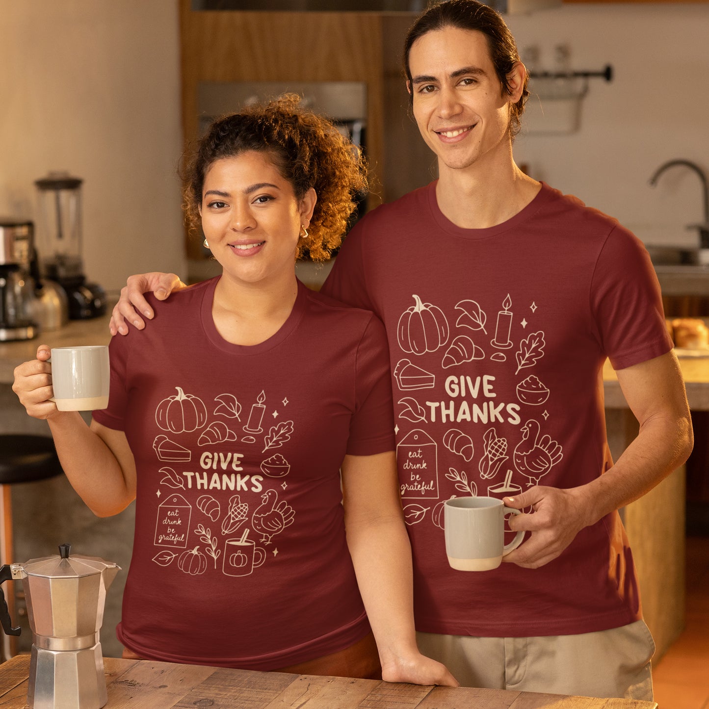 Give Thanks Thanksgiving Shirt – Minimal Fall Tee with Pumpkin, Turkey & Pie Design