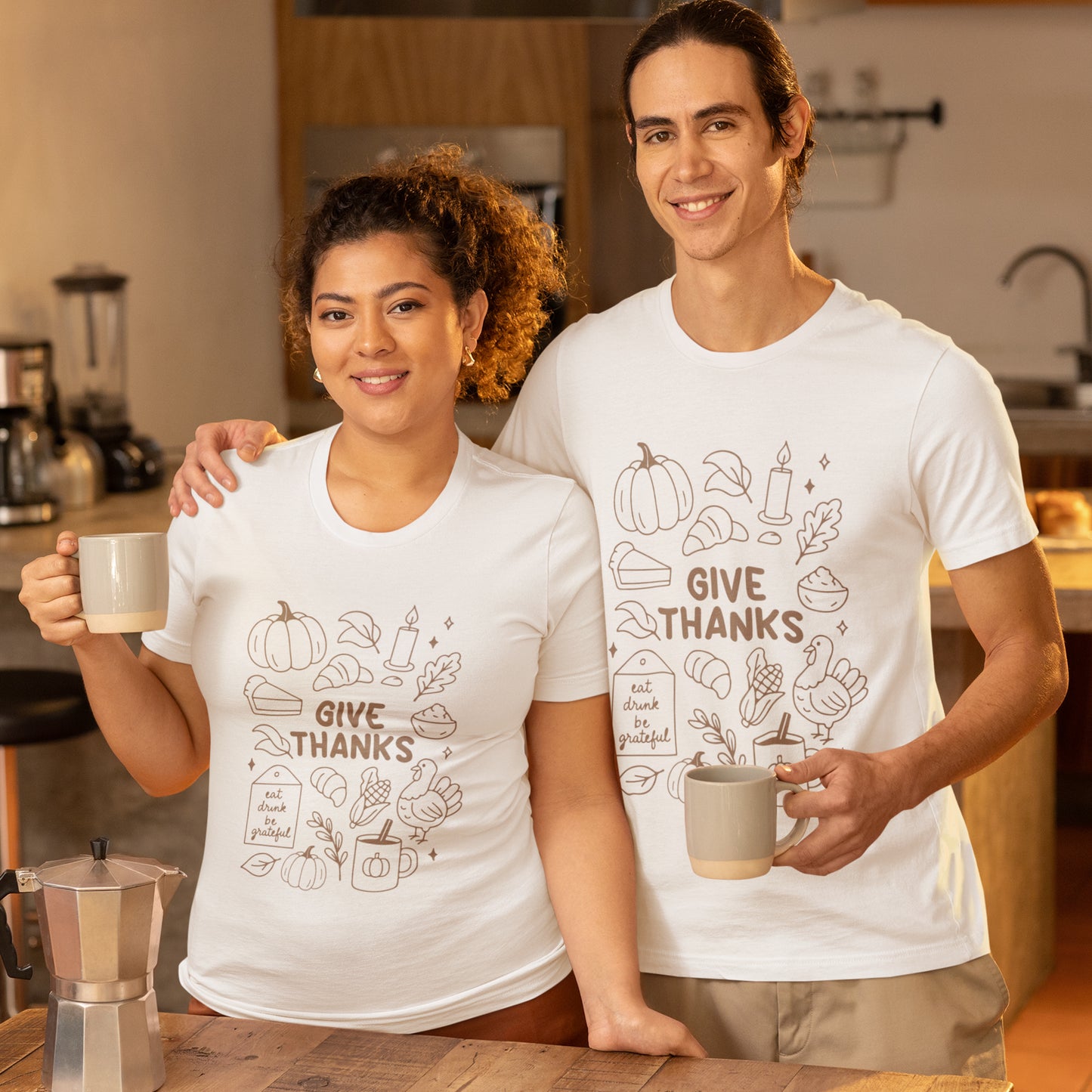 Give Thanks Thanksgiving Shirt – Minimal Fall Tee with Pumpkin, Turkey & Pie Design