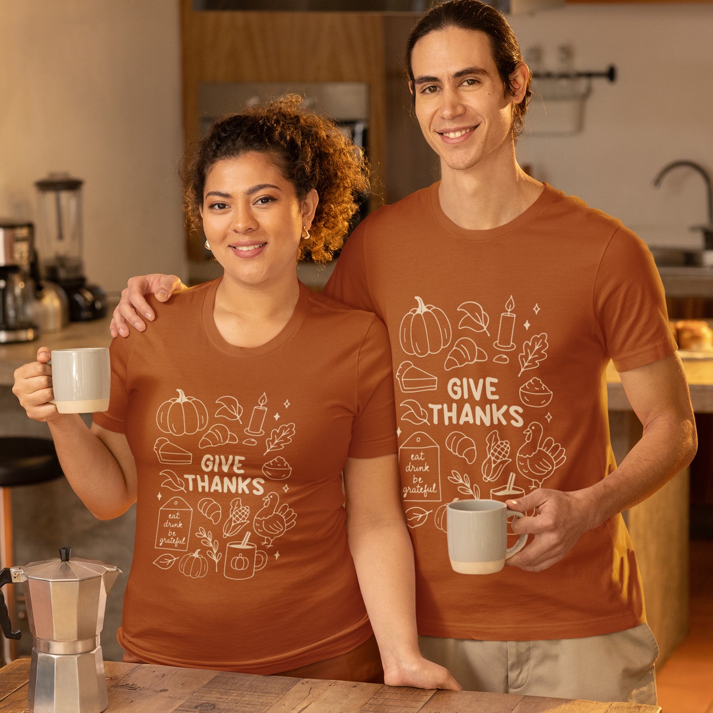 Give Thanks Thanksgiving Shirt – Minimal Fall Tee with Pumpkin, Turkey & Pie Design