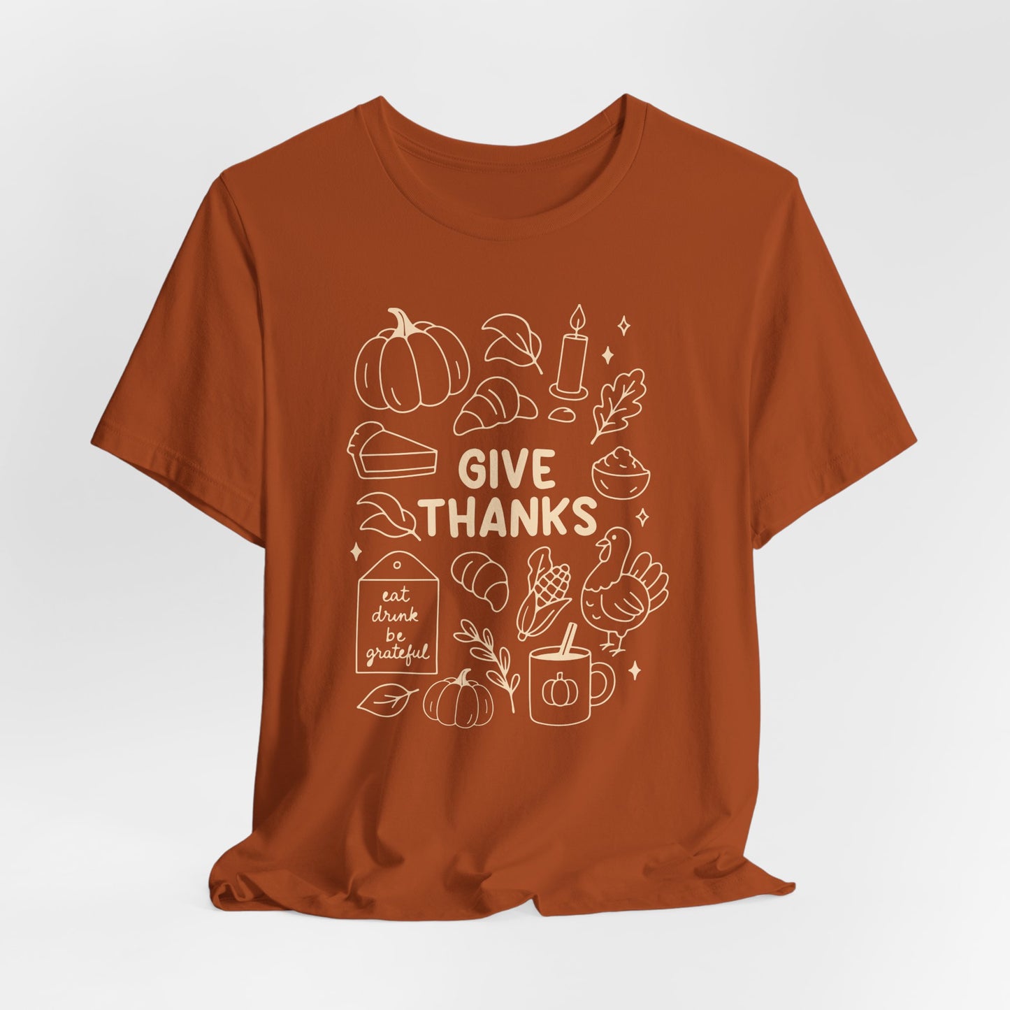 Give Thanks Thanksgiving Shirt – Minimal Fall Tee with Pumpkin, Turkey & Pie Design
