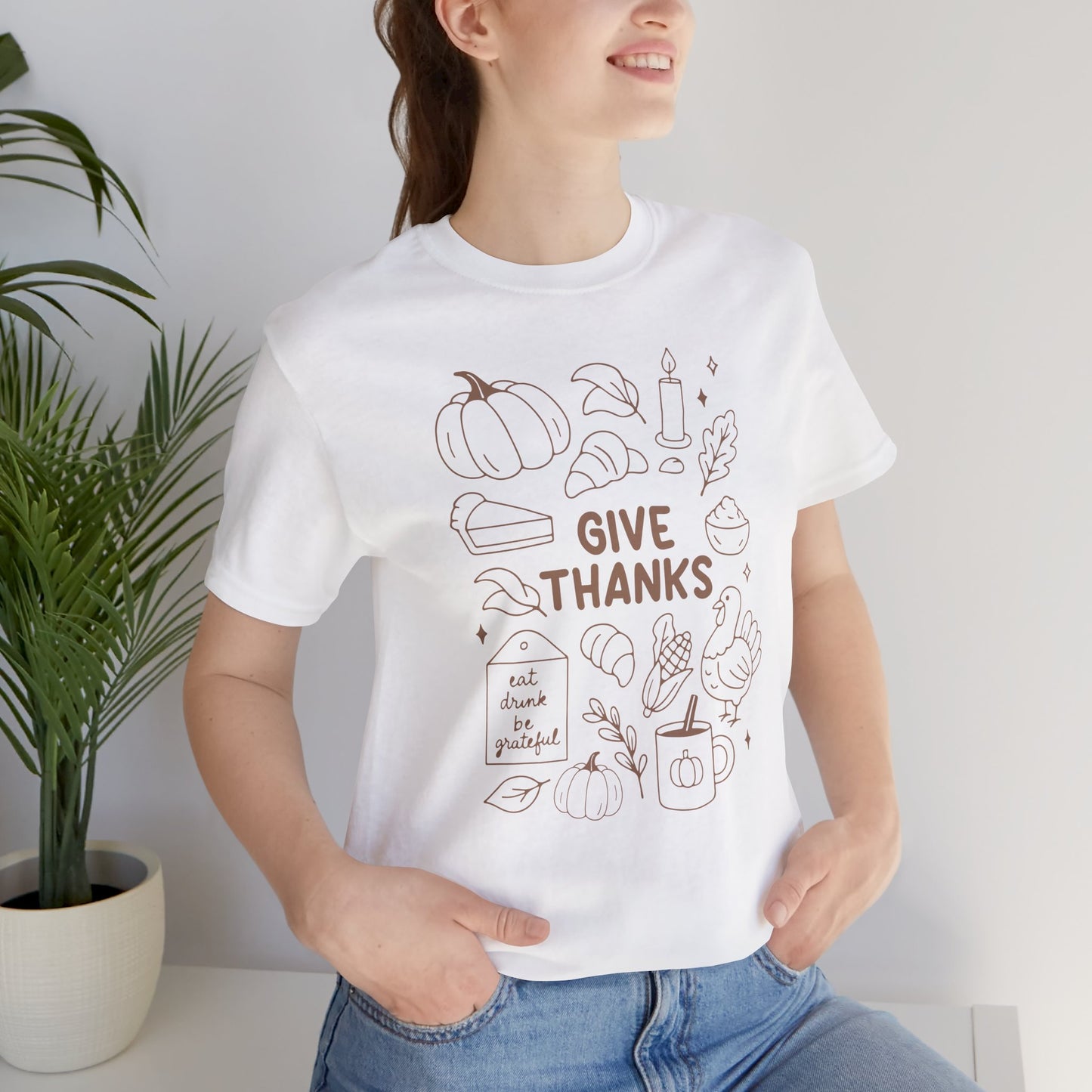Give Thanks Thanksgiving Shirt – Minimal Fall Tee with Pumpkin, Turkey & Pie Design