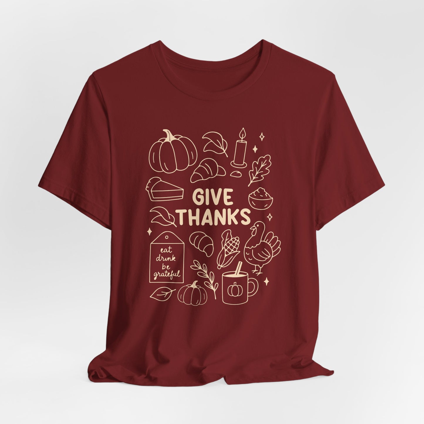 Give Thanks Thanksgiving Shirt – Minimal Fall Tee with Pumpkin, Turkey & Pie Design