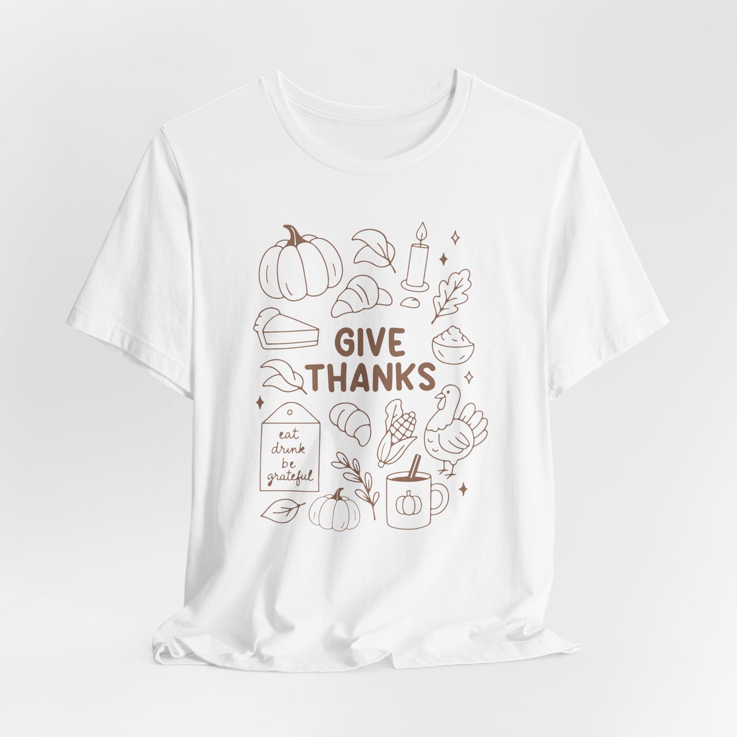 Give Thanks Thanksgiving Shirt – Minimal Fall Tee with Pumpkin, Turkey & Pie Design