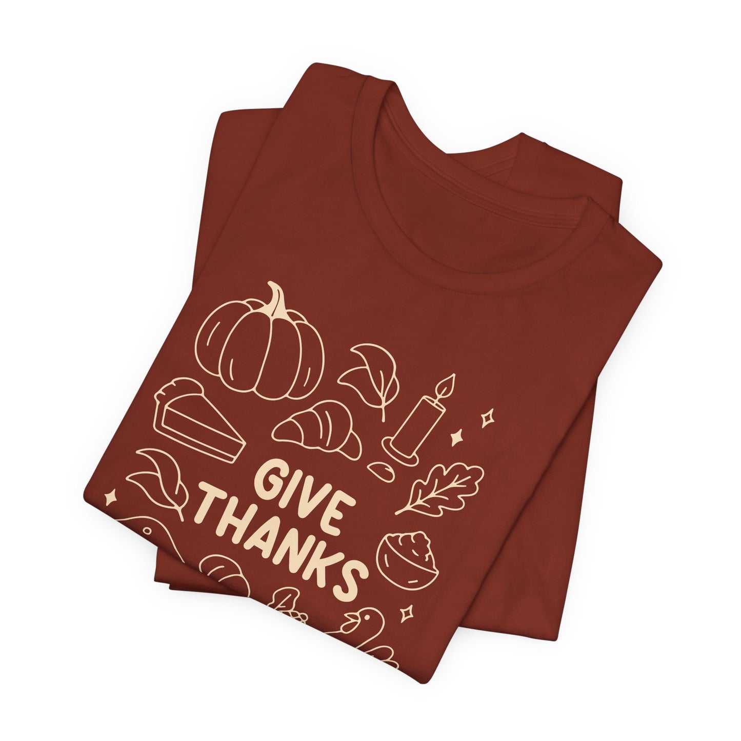 Give Thanks Thanksgiving Shirt – Minimal Fall Tee with Pumpkin, Turkey & Pie Design