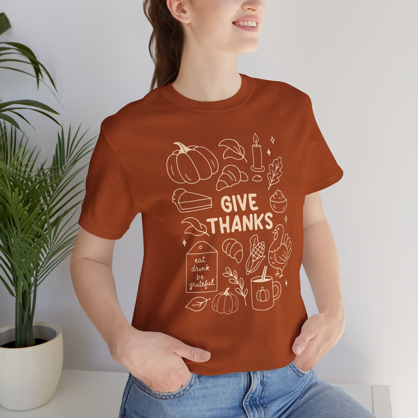 Give Thanks Thanksgiving Shirt – Minimal Fall Tee with Pumpkin, Turkey & Pie Design