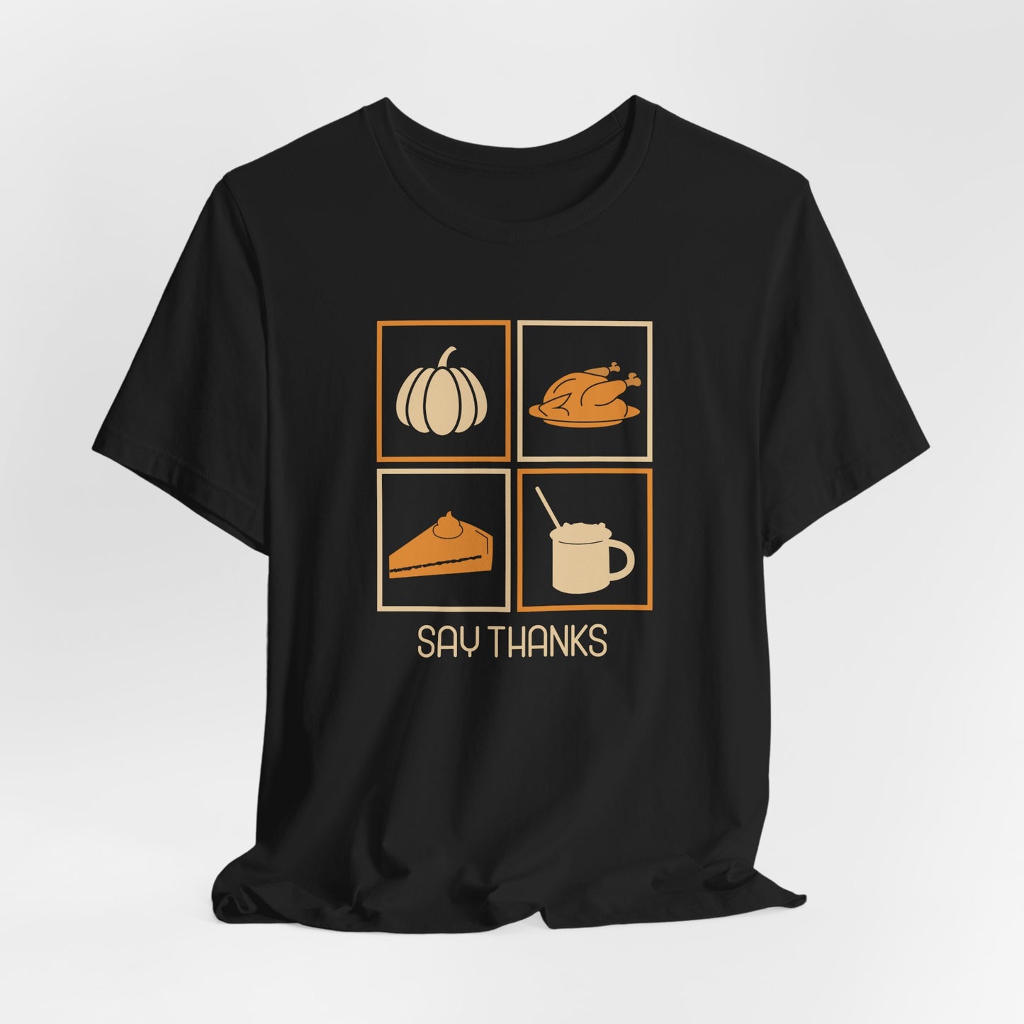 Say Thanks T-Shirt – Simple Thanksgiving Tee with Pumpkin, Pie & Turkey Icons | Cozy Fall Gratitude Shirt