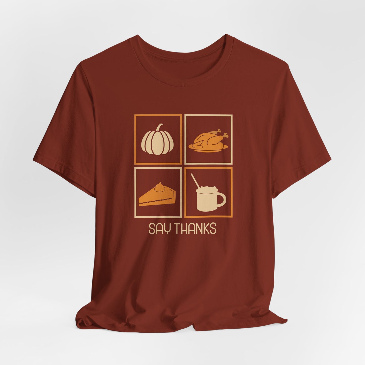 Say Thanks T-Shirt – Simple Thanksgiving Tee with Pumpkin, Pie & Turkey Icons | Cozy Fall Gratitude Shirt