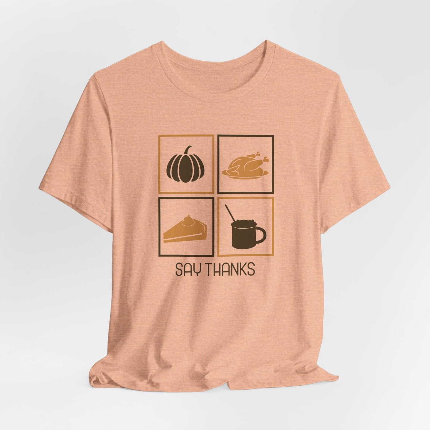 Say Thanks T-Shirt – Simple Thanksgiving Tee with Pumpkin, Pie & Turkey Icons | Cozy Fall Gratitude Shirt