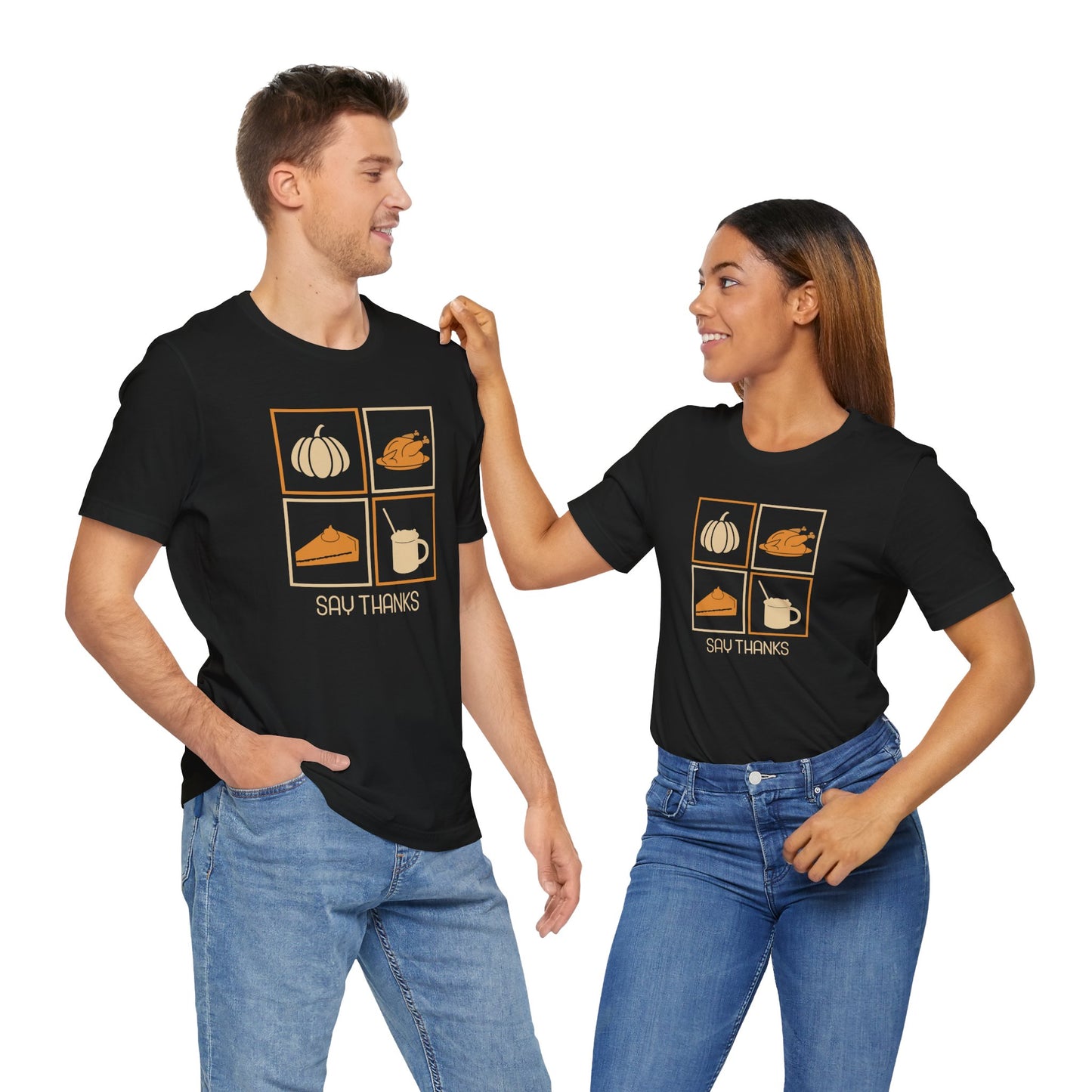 Say Thanks T-Shirt – Simple Thanksgiving Tee with Pumpkin, Pie & Turkey Icons | Cozy Fall Gratitude Shirt