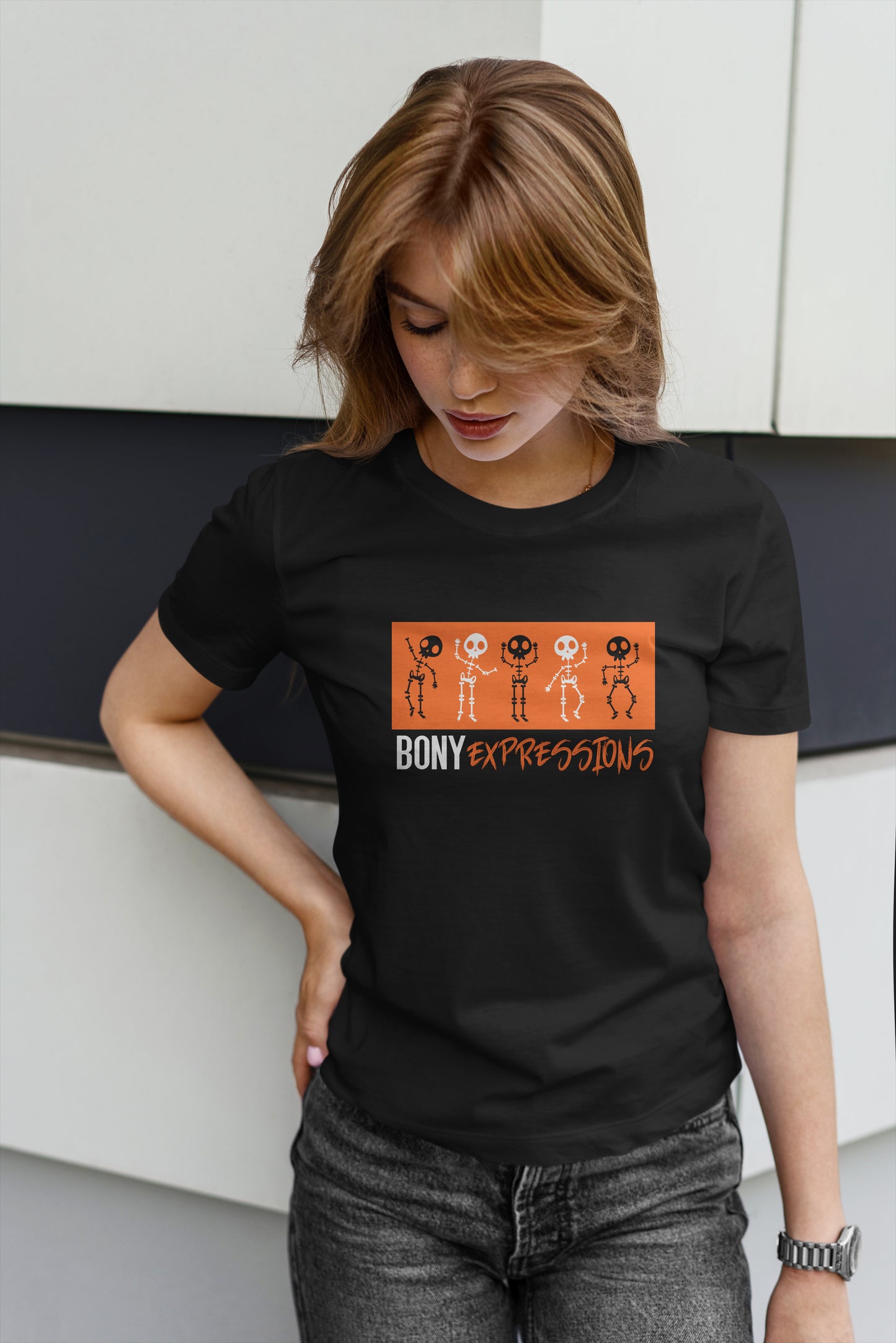 Bony Expressions T-Shirt: Playful Skeleton Design for Unique Style