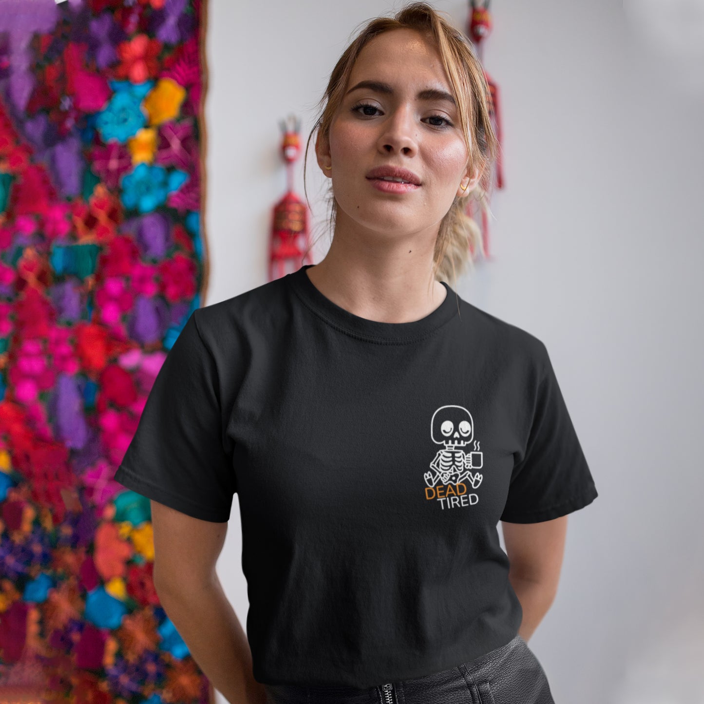 Dead Tired Skeleton Coffee T-Shirt – Funny & Spooky Vibes