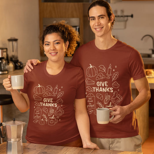 Give Thanks Thanksgiving Shirt – Minimal Fall Tee with Pumpkin, Turkey & Pie Design