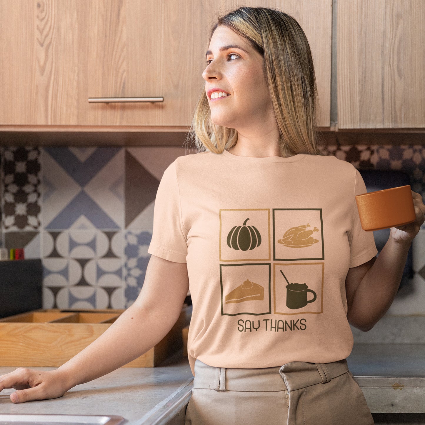 Say Thanks T-Shirt – Simple Thanksgiving Tee with Pumpkin, Pie & Turkey Icons | Cozy Fall Gratitude Shirt