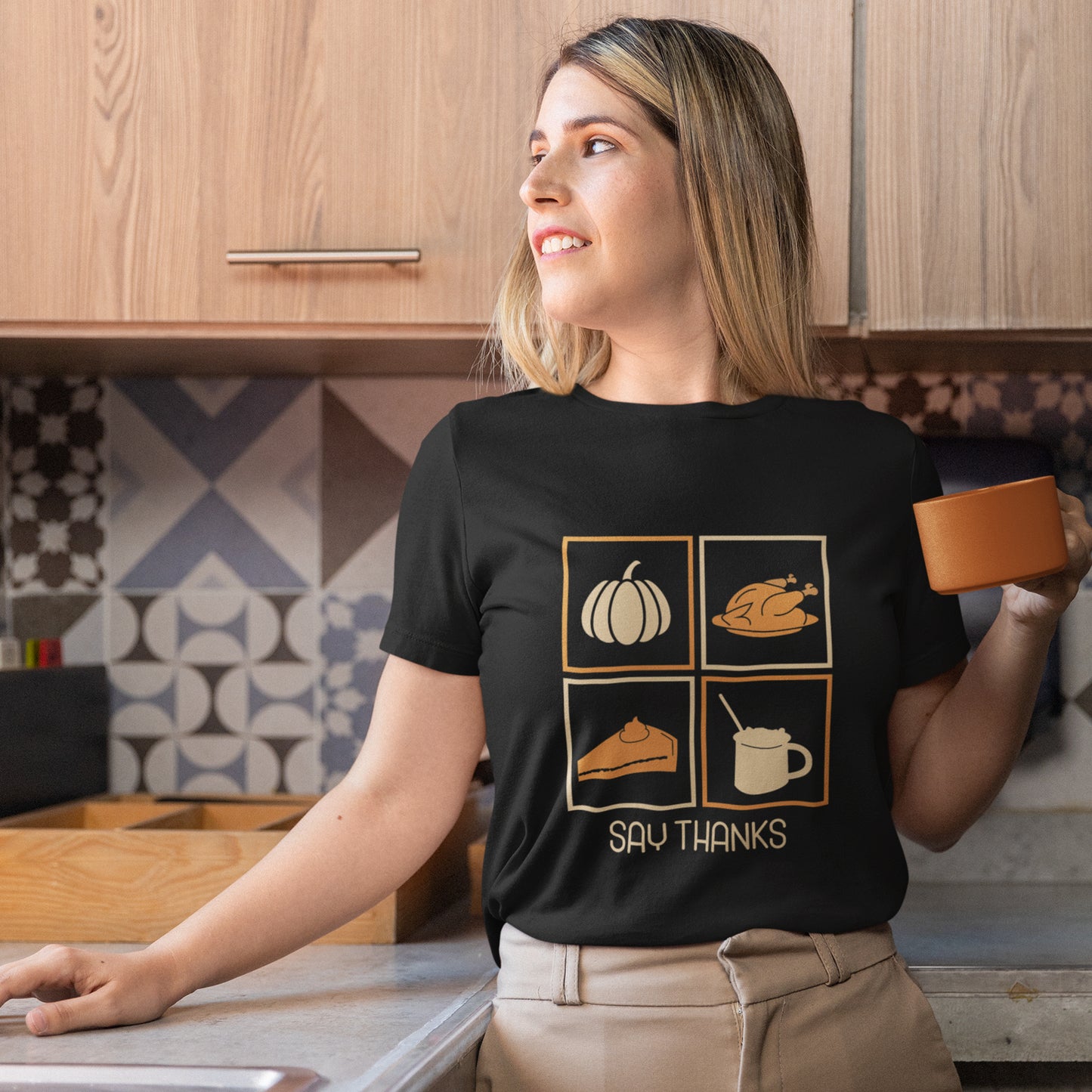 Say Thanks T-Shirt – Simple Thanksgiving Tee with Pumpkin, Pie & Turkey Icons | Cozy Fall Gratitude Shirt
