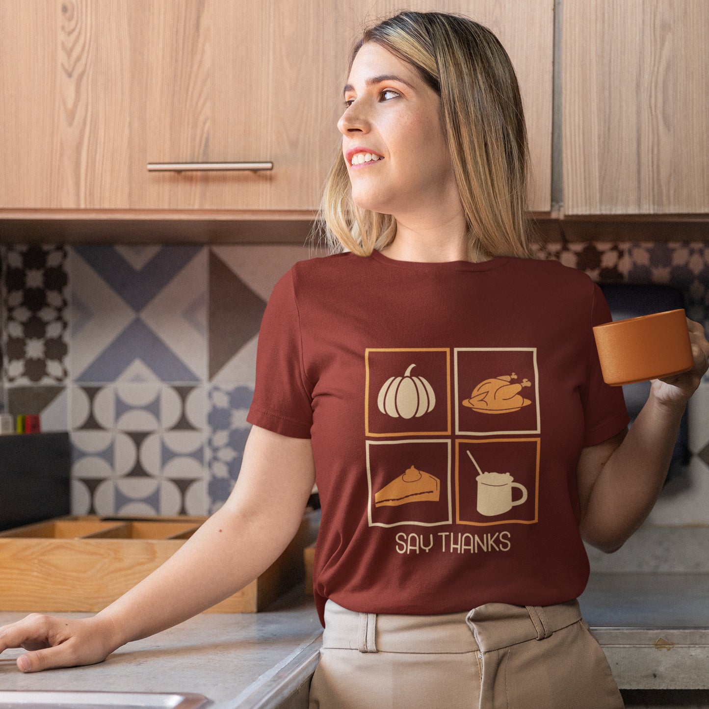 Say Thanks T-Shirt – Simple Thanksgiving Tee with Pumpkin, Pie & Turkey Icons | Cozy Fall Gratitude Shirt