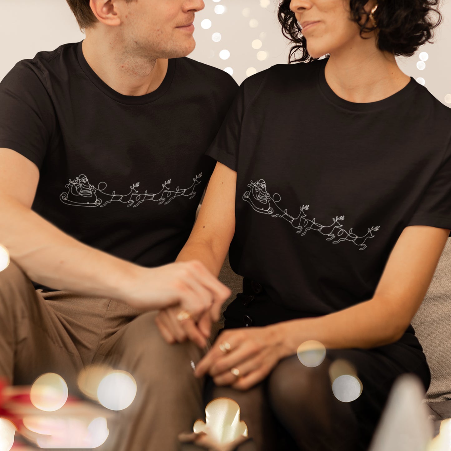 Minimalist Santa Sleigh One Line Art Christmas Shirt - Modern Reindeer Outline Tee