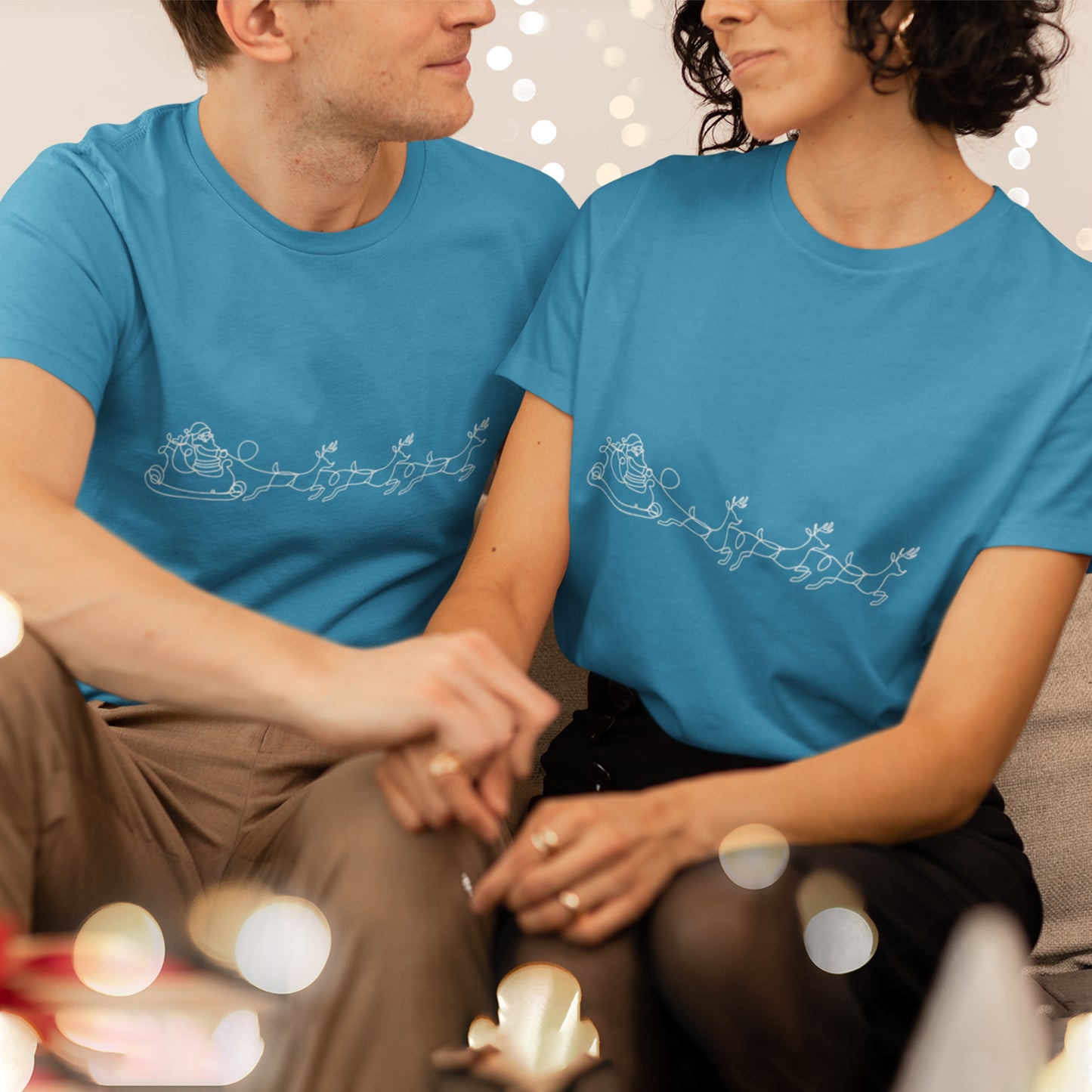 Minimalist Santa Sleigh One Line Art Christmas Shirt - Modern Reindeer Outline Tee