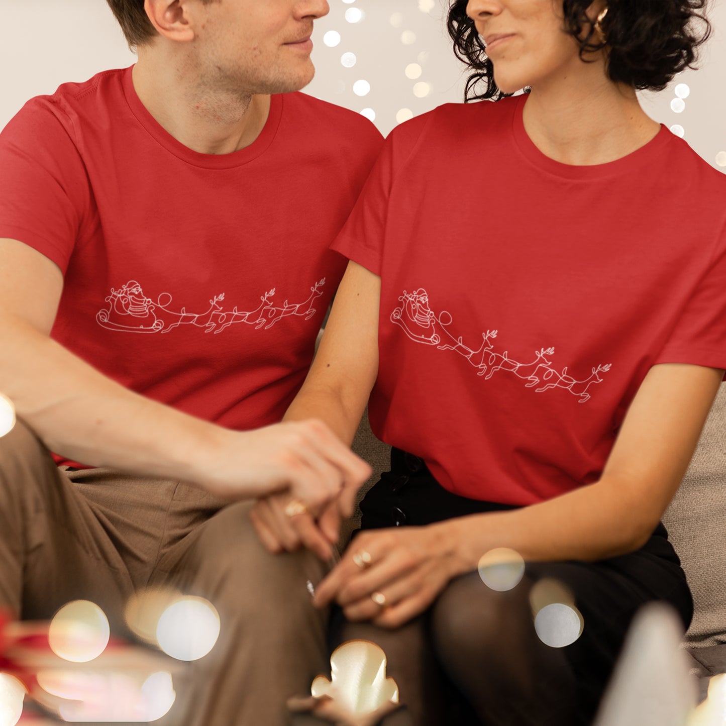 Minimalist Santa Sleigh One Line Art Christmas Shirt - Modern Reindeer Outline Tee