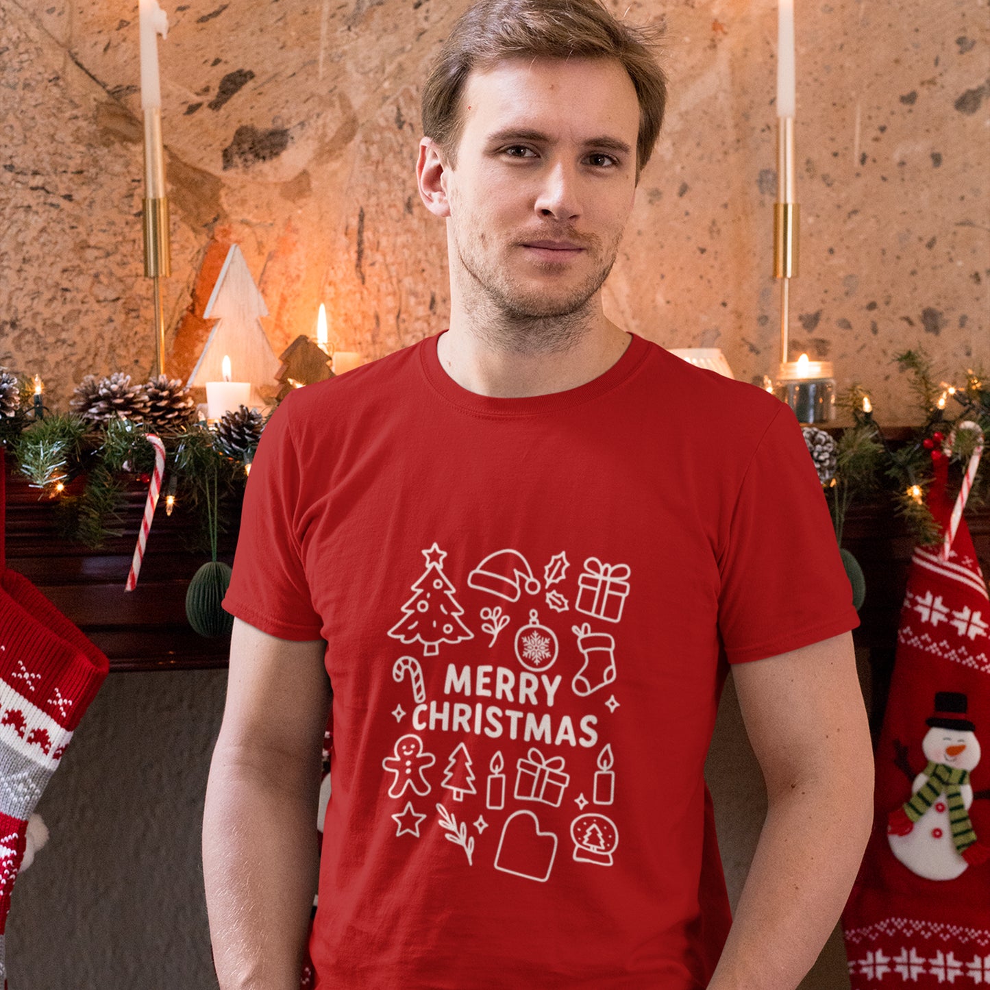 Merry Christmas Icons T-Shirt – Cute Minimalist Christmas Line Art Holiday Tee