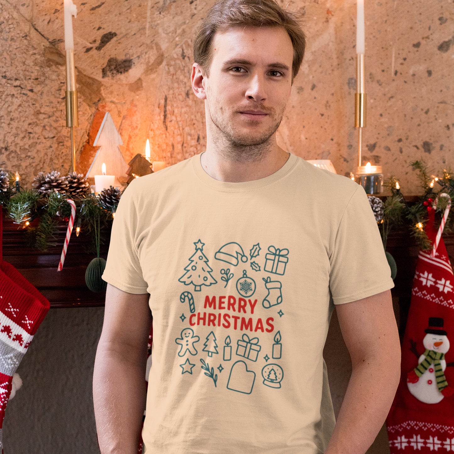 Merry Christmas Icons T-Shirt – Cute Minimalist Christmas Line Art Holiday Tee