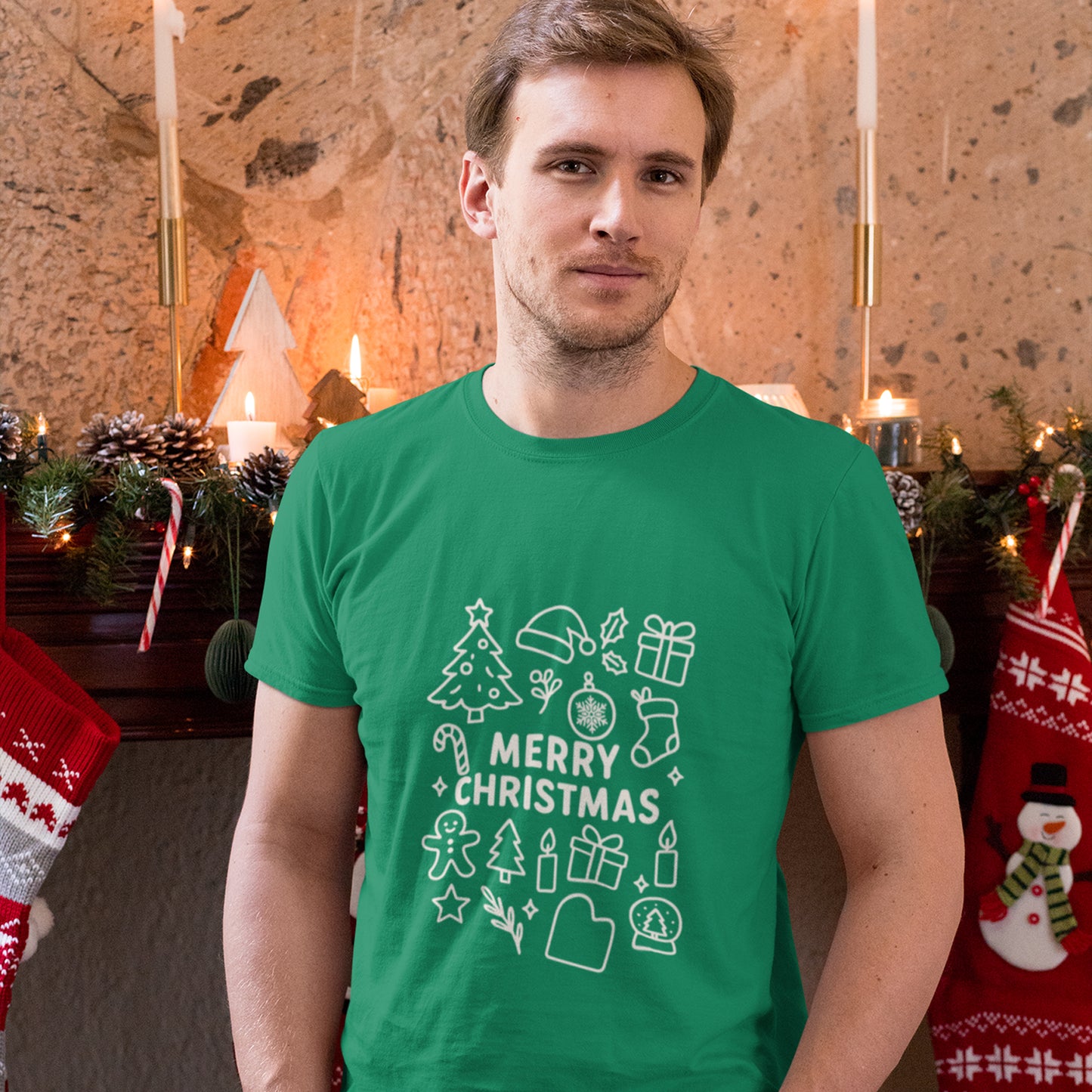 Merry Christmas Icons T-Shirt – Cute Minimalist Christmas Line Art Holiday Tee
