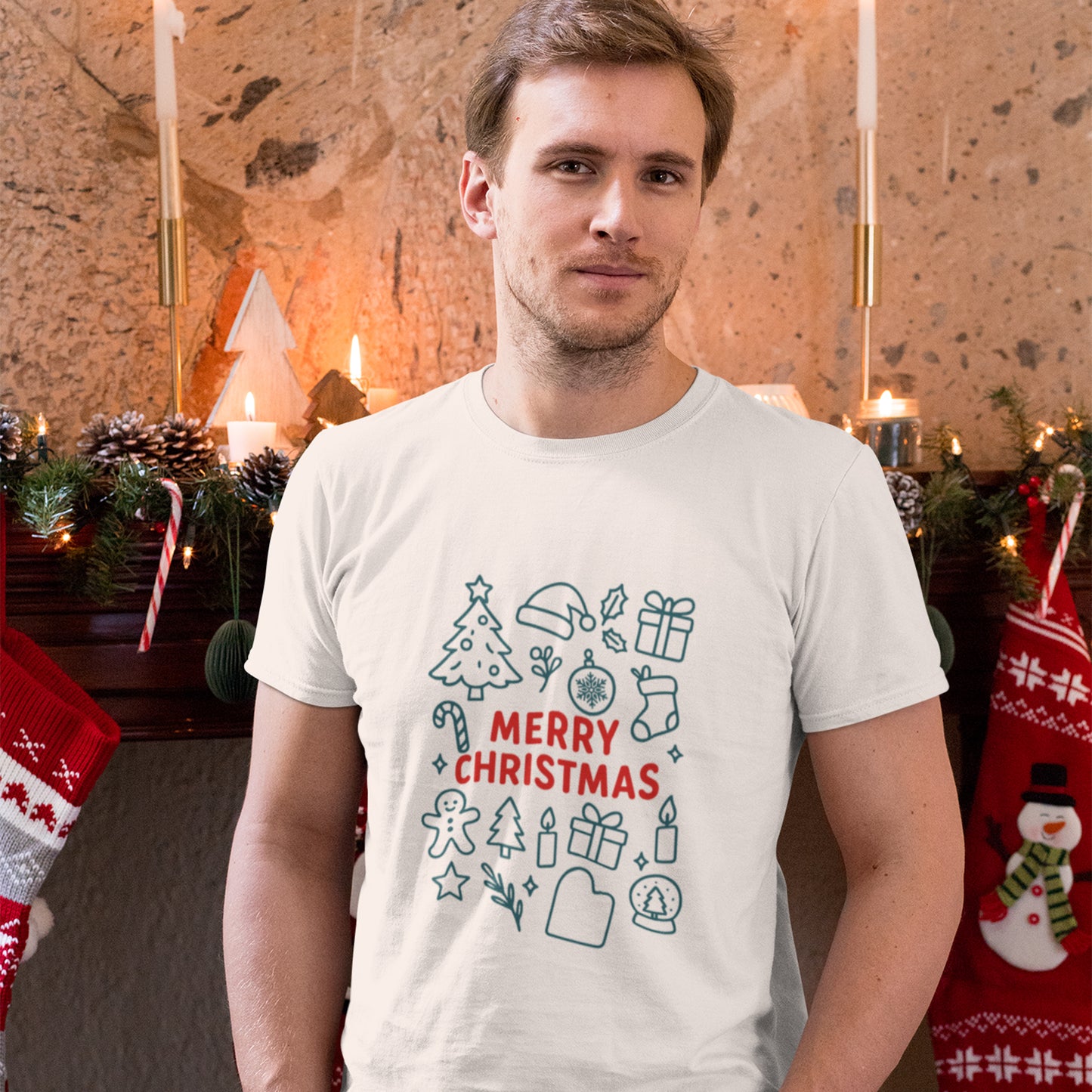 Merry Christmas Icons T-Shirt – Cute Minimalist Christmas Line Art Holiday Tee