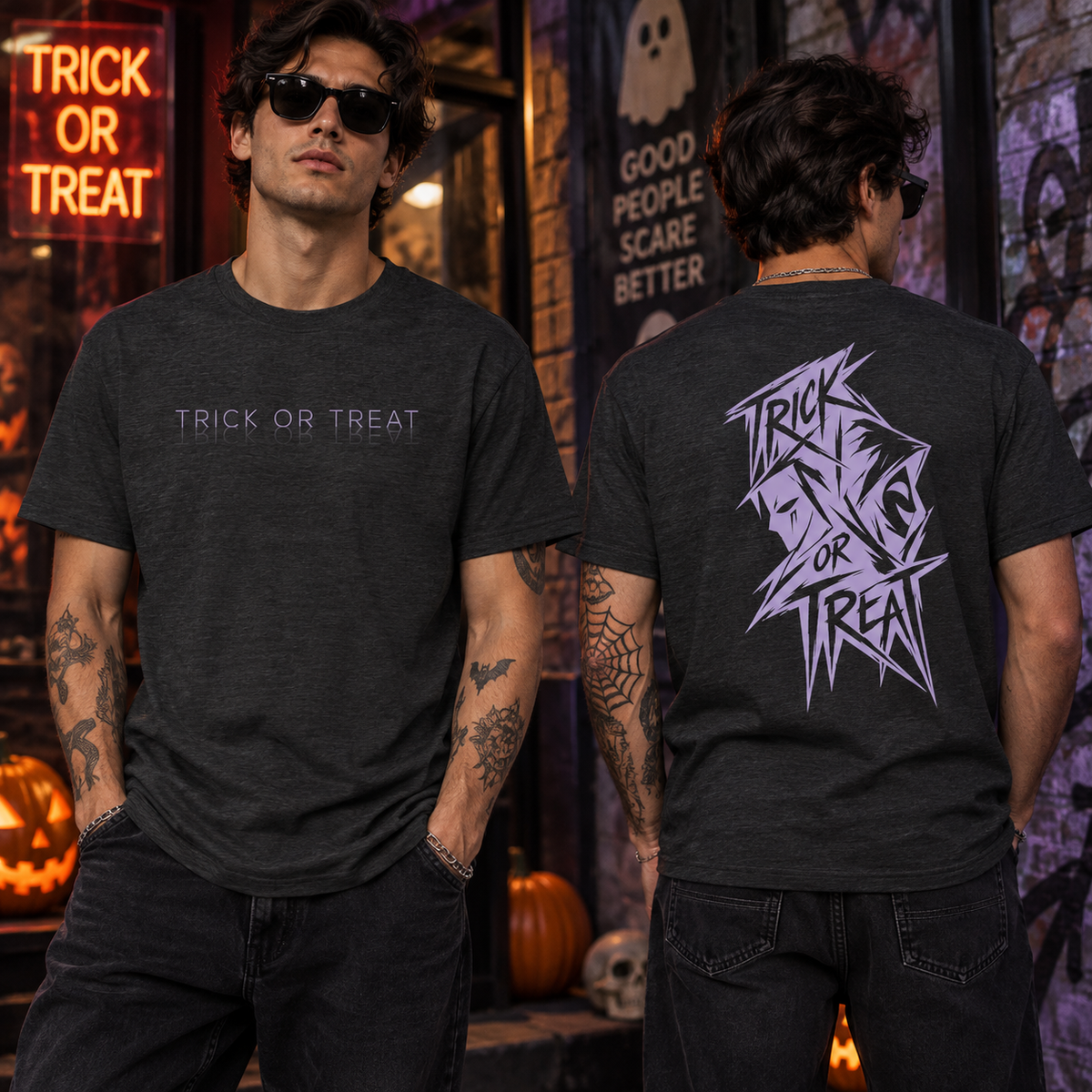 Trick or Treat Halloween Shirt - Spooky Back Print Graphic Tee