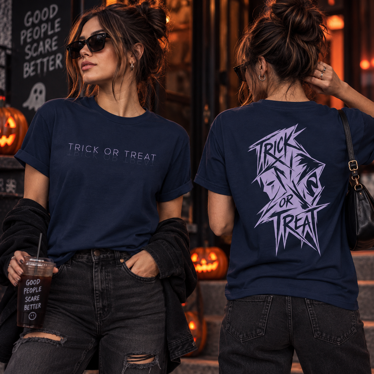 Trick or Treat Halloween Shirt - Spooky Back Print Graphic Tee