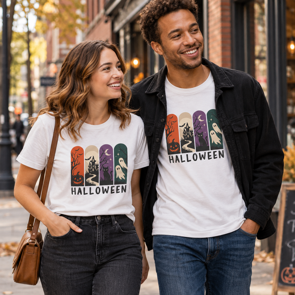 Retro Halloween Shirt – Ghost, Pumpkin & Black Cat Graphic Tee