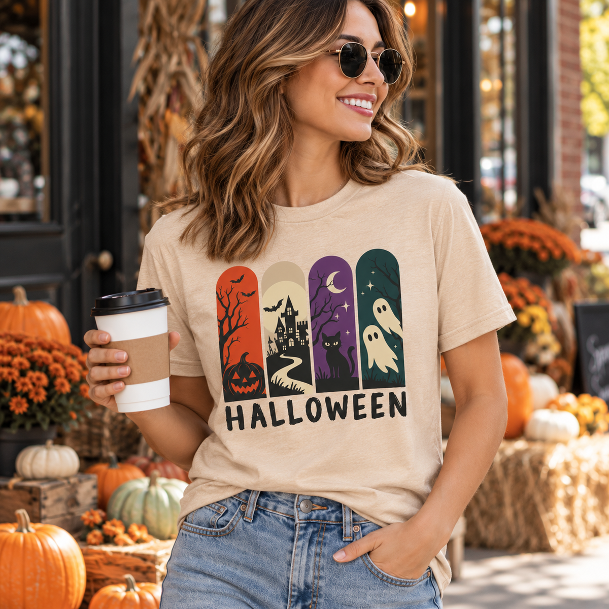 Retro Halloween Shirt – Ghost, Pumpkin & Black Cat Graphic Tee