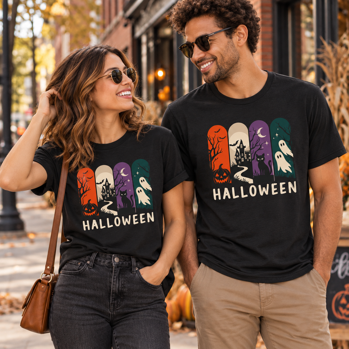 Retro Halloween Shirt – Ghost, Pumpkin & Black Cat Graphic Tee