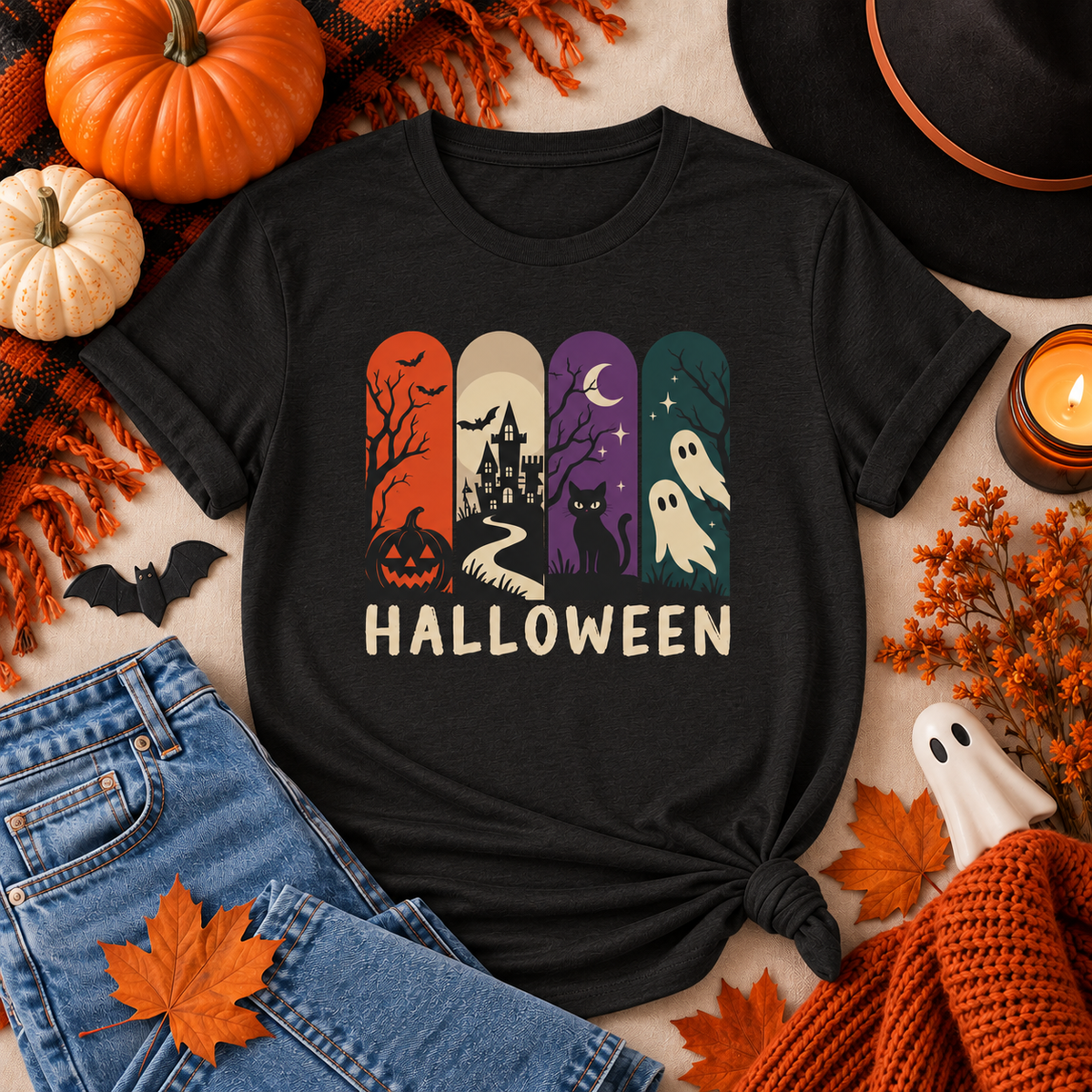 Retro Halloween Shirt – Ghost, Pumpkin & Black Cat Graphic Tee
