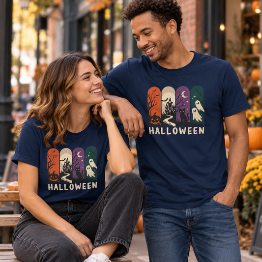 Retro Halloween Shirt – Ghost, Pumpkin & Black Cat Graphic Tee