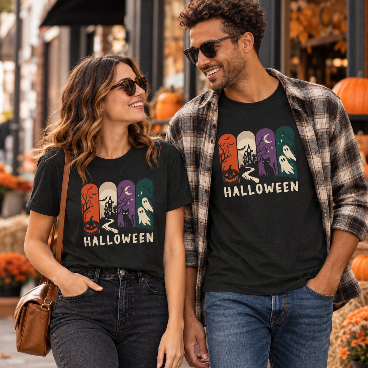 Retro Halloween Shirt – Ghost, Pumpkin & Black Cat Graphic Tee