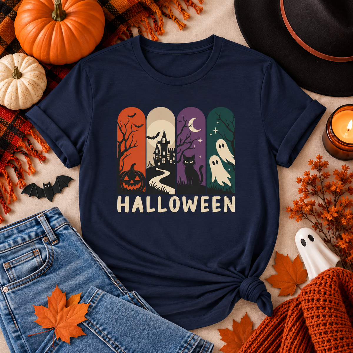 Retro Halloween Shirt – Ghost, Pumpkin & Black Cat Graphic Tee