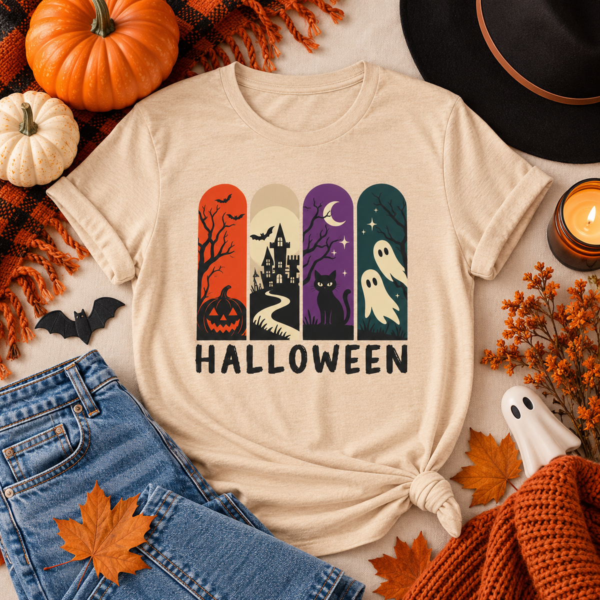 Retro Halloween Shirt – Ghost, Pumpkin & Black Cat Graphic Tee