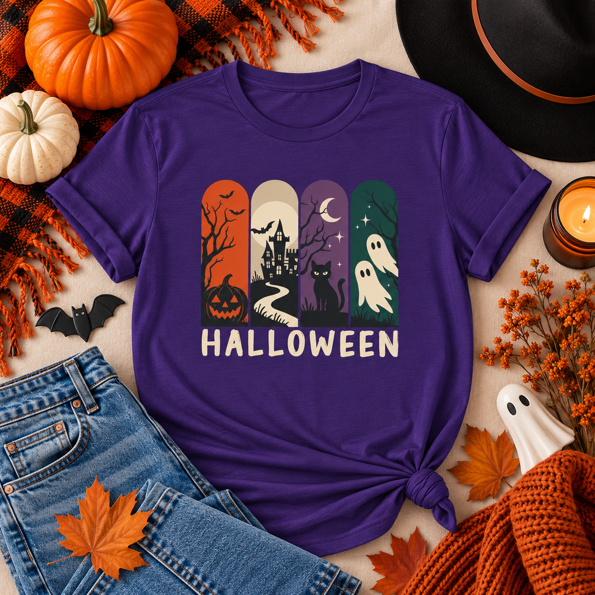 Retro Halloween Shirt – Ghost, Pumpkin & Black Cat Graphic Tee