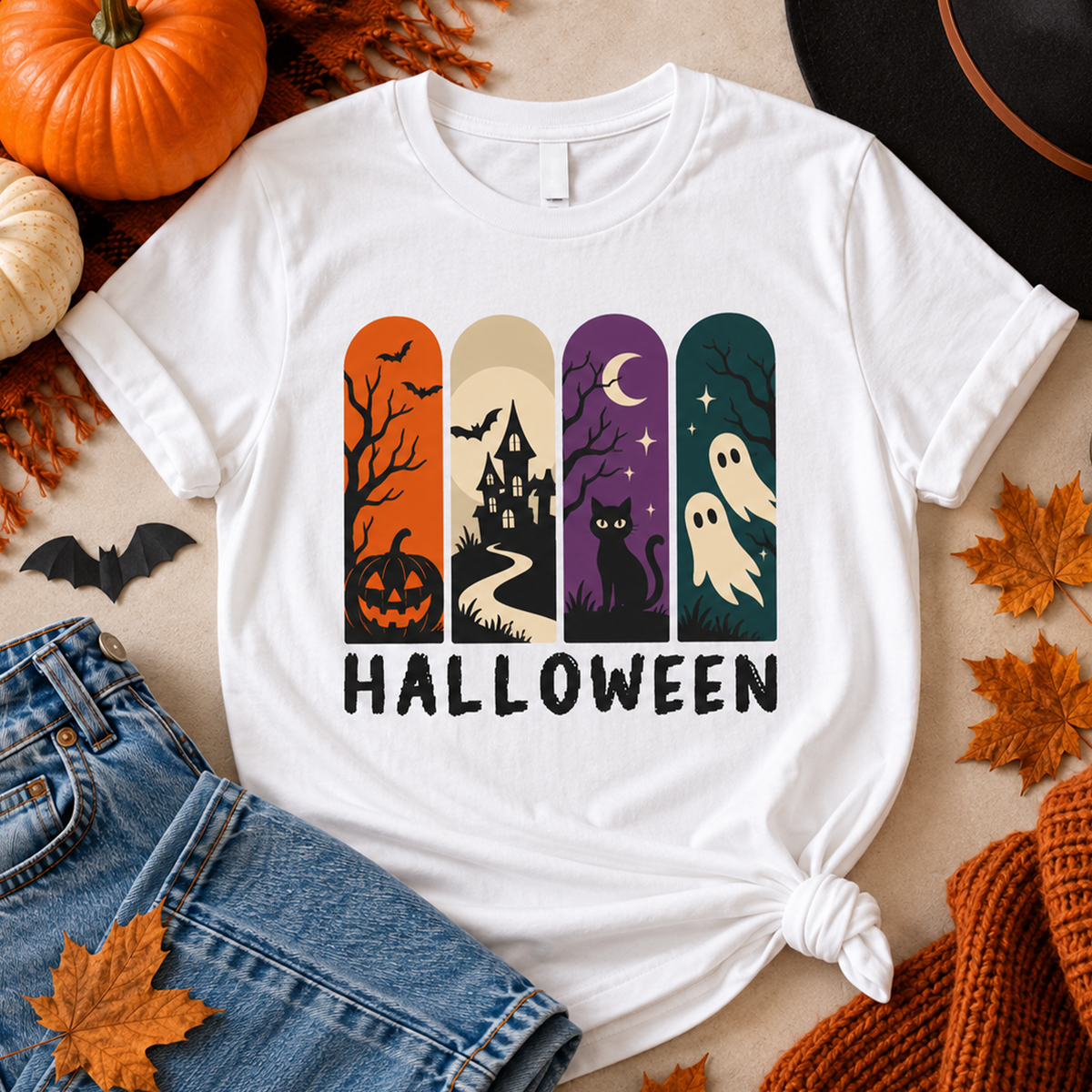 Retro Halloween Shirt – Ghost, Pumpkin & Black Cat Graphic Tee