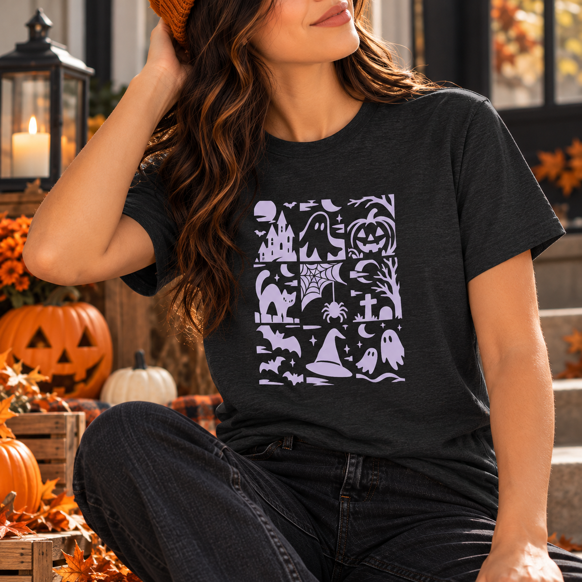 Halloween Graphic Tee – Spooky Icons and Haunted Scenes