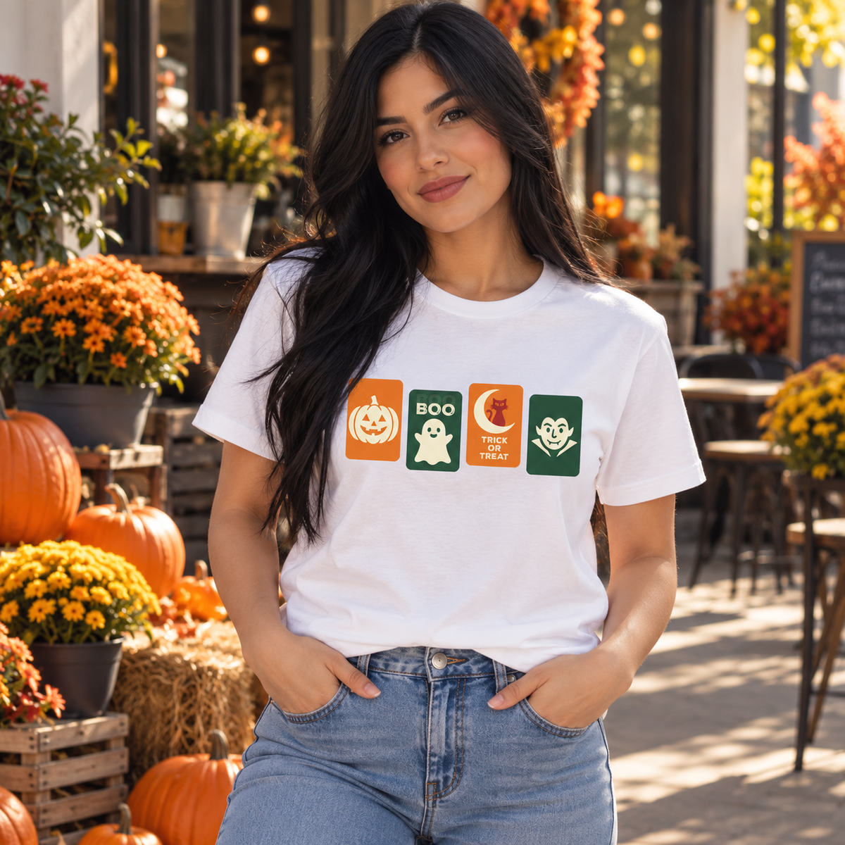 Halloween Graphic Tee - Cute Pumpkin, Ghost, Cat and Vampire