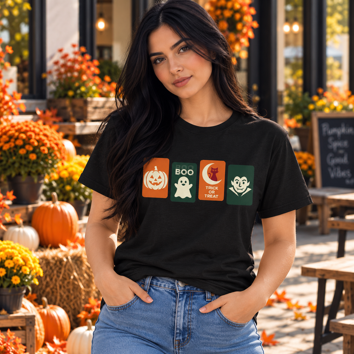Halloween Graphic Tee - Cute Pumpkin, Ghost, Cat and Vampire