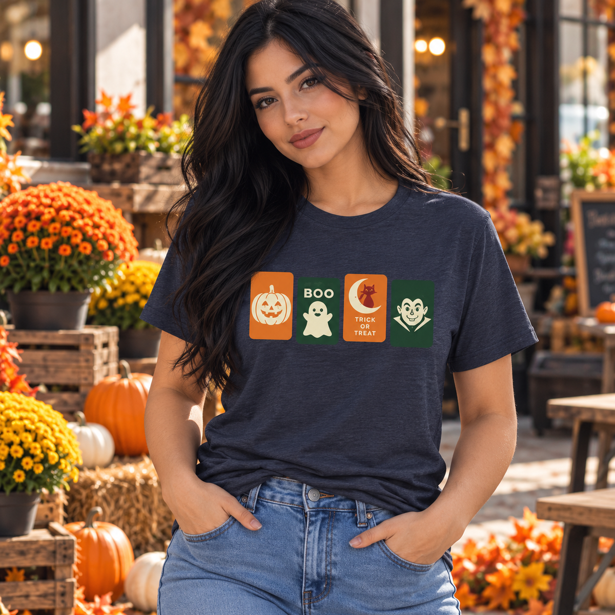 Halloween Graphic Tee - Cute Pumpkin, Ghost, Cat and Vampire