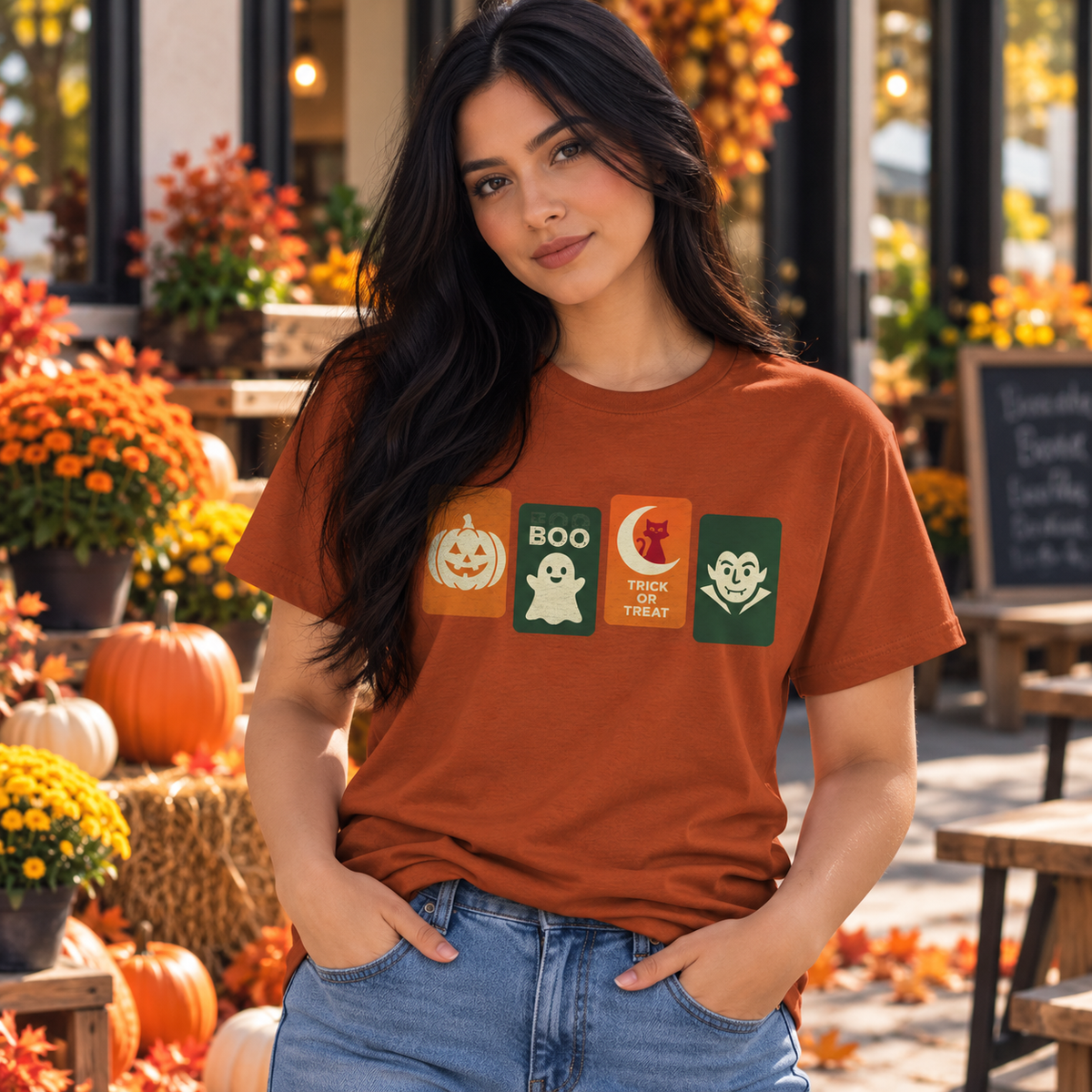 Halloween Graphic Tee - Cute Pumpkin, Ghost, Cat and Vampire