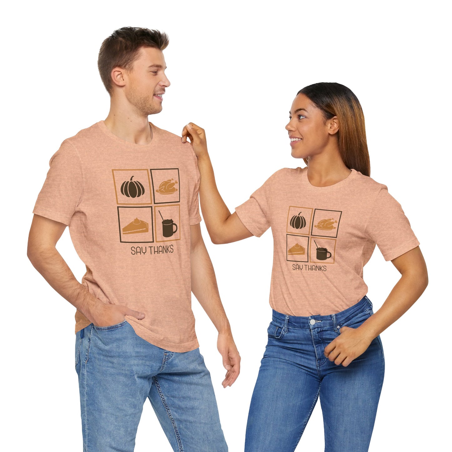 Say Thanks T-Shirt – Simple Thanksgiving Tee with Pumpkin, Pie & Turkey Icons | Cozy Fall Gratitude Shirt