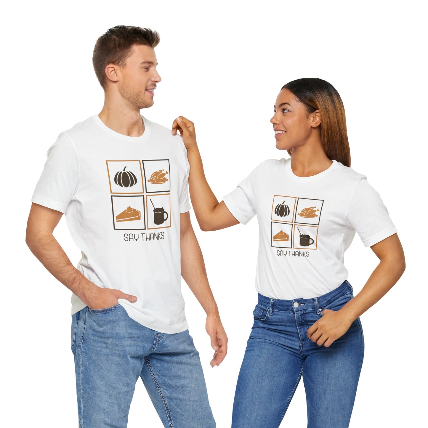 Say Thanks T-Shirt – Simple Thanksgiving Tee with Pumpkin, Pie & Turkey Icons | Cozy Fall Gratitude Shirt