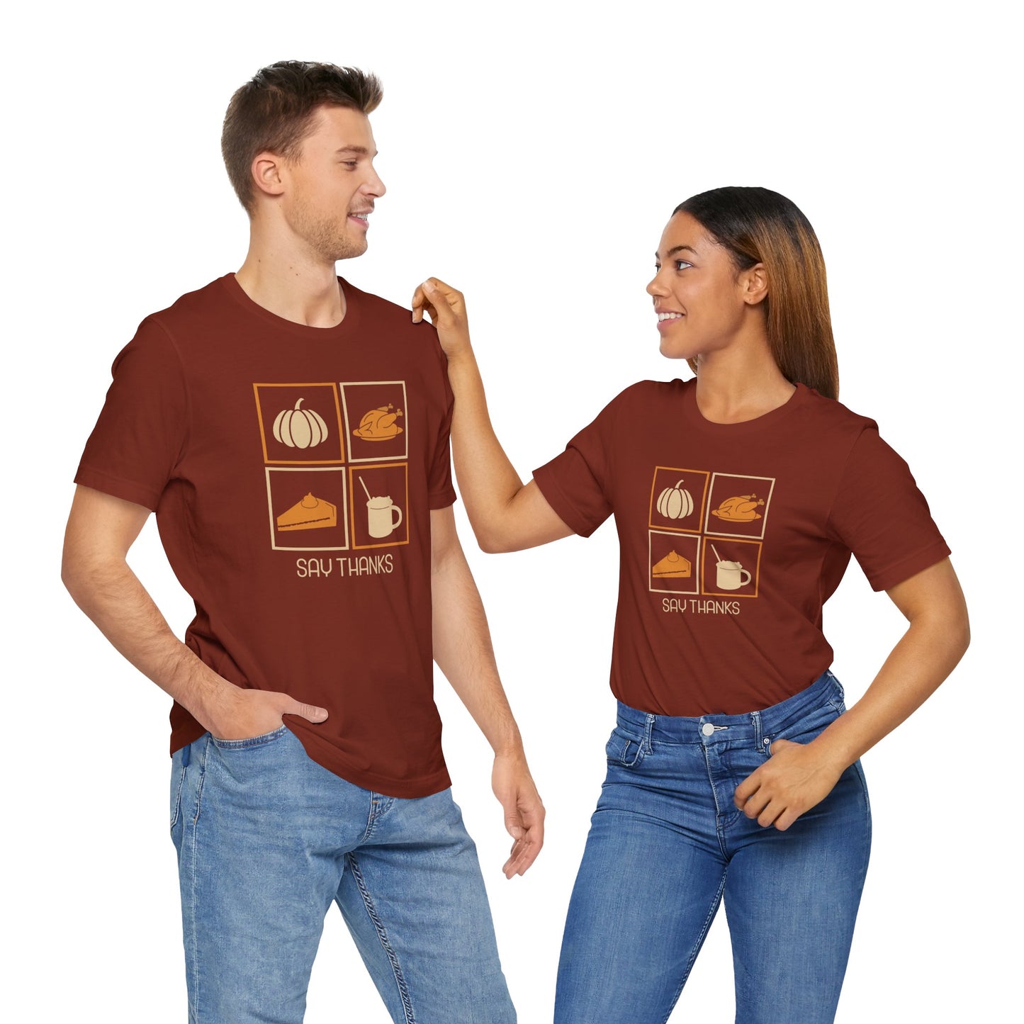 Say Thanks T-Shirt – Simple Thanksgiving Tee with Pumpkin, Pie & Turkey Icons | Cozy Fall Gratitude Shirt
