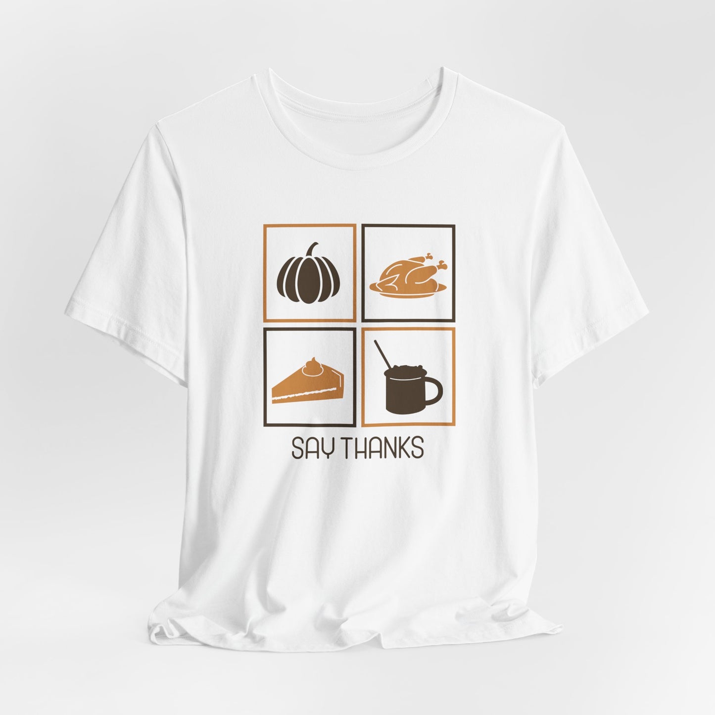 Say Thanks T-Shirt – Simple Thanksgiving Tee with Pumpkin, Pie & Turkey Icons | Cozy Fall Gratitude Shirt